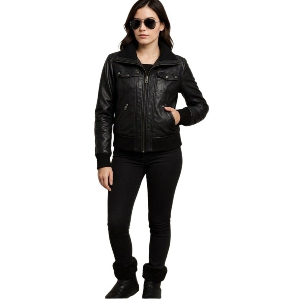 Ci Sono by Cavalli Jacket Womens 1XvBlack Faux Leather Bomber Leopard Lining